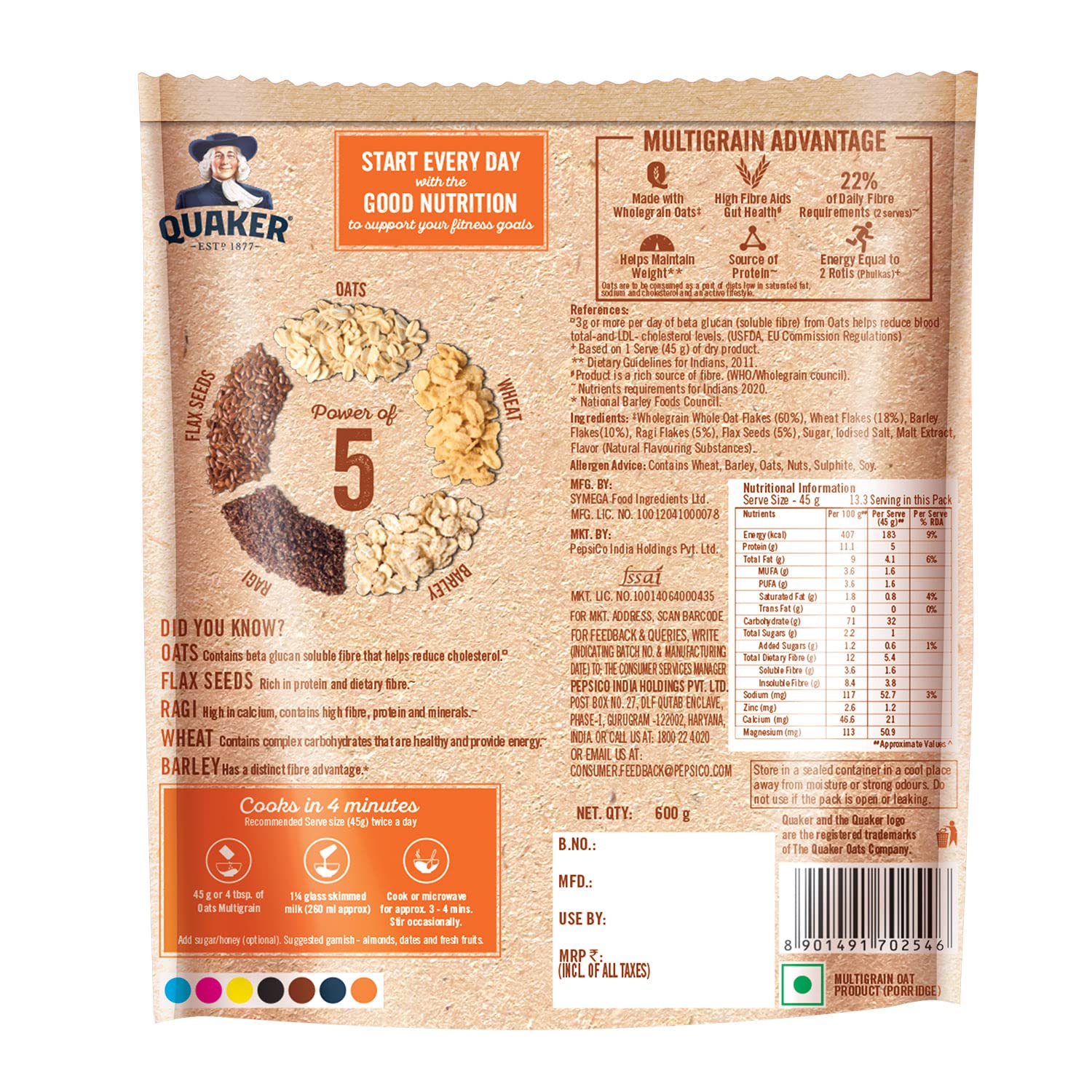 Quaker Oats Multigrain 600g, Rolled Oats, with Ragi, Barley, Flax seeds, and Wheat