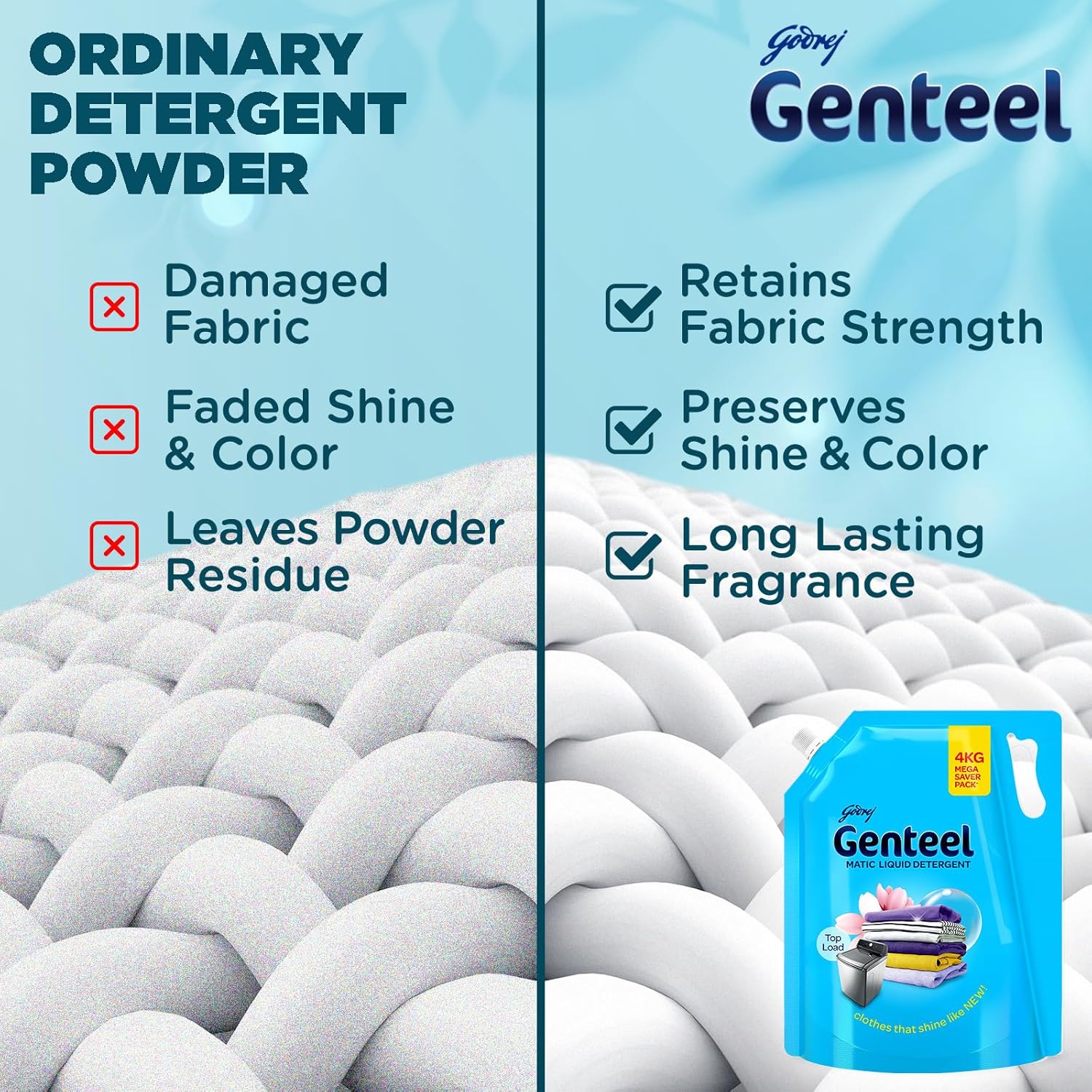 Genteel Matic Liquid Detergent Refill Pouch for Top load Washing - 2kg | No Soda Formula | with Added Fabric Conditioner