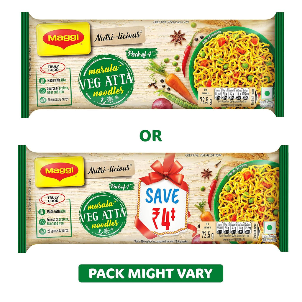 MAGGI Nutri-licious Veg Atta Masala Noodles, Instant Noodles with 20 Spices &amp; Delicious Taste, 290 g Packet