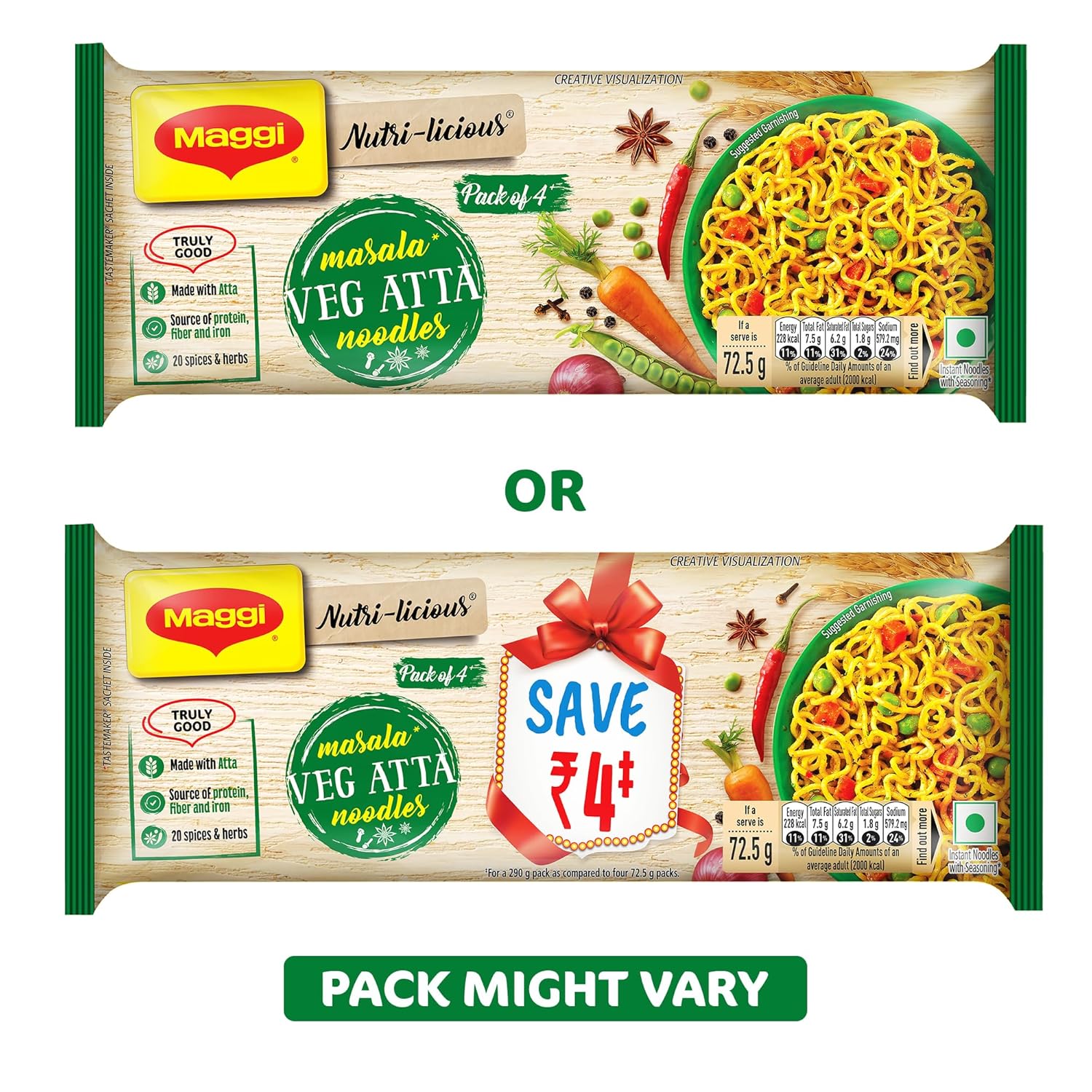 MAGGI Nutri-licious Veg Atta Masala Noodles, Instant Noodles with 20 Spices &amp; Delicious Taste, 290 g Packet