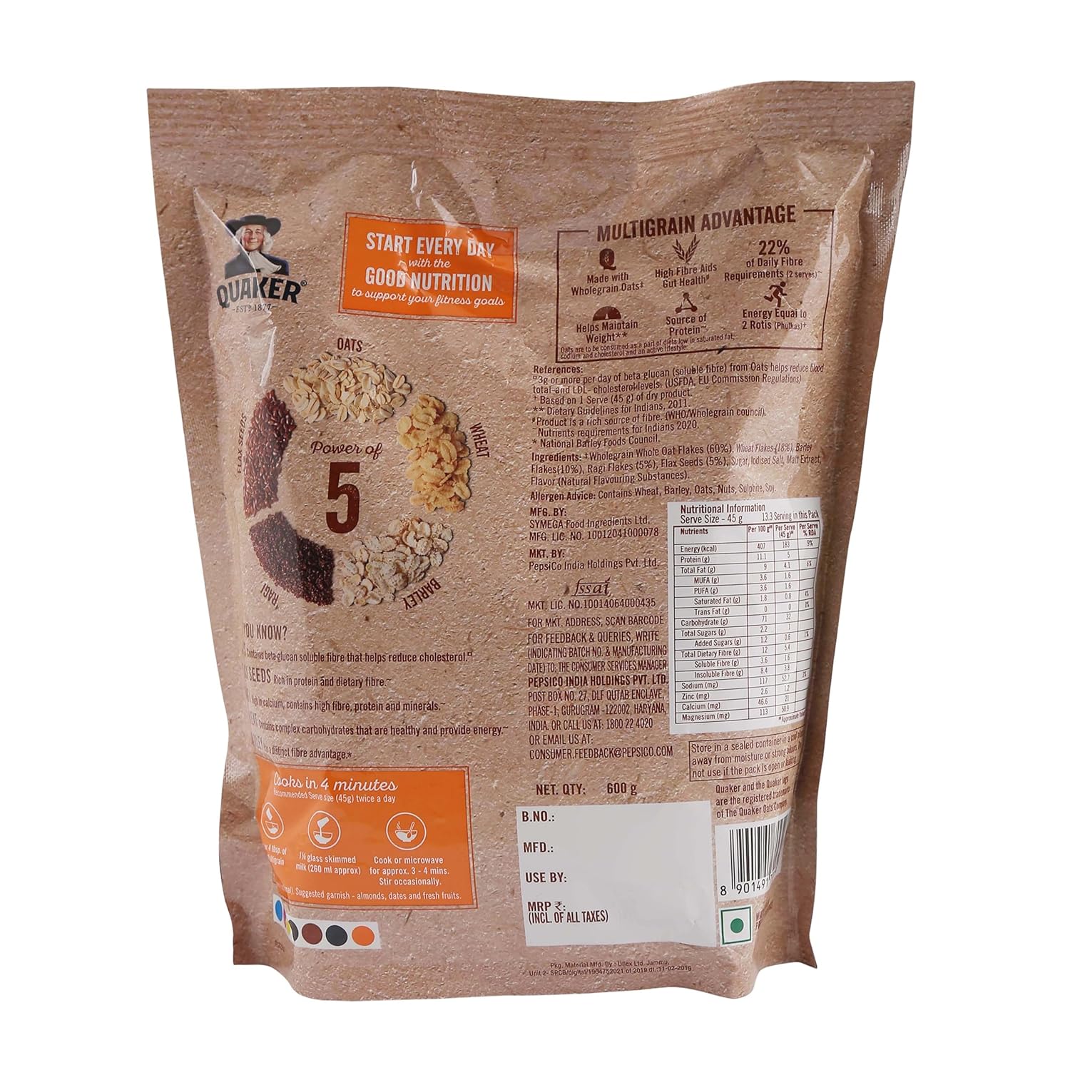 Quaker Oats Multigrain 600g, Rolled Oats, with Ragi, Barley, Flax seeds, and Wheat