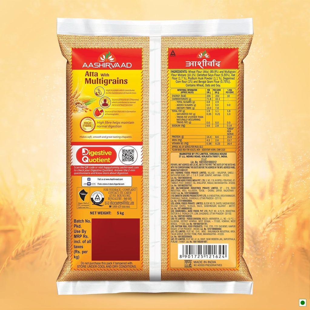 Aashirvaad Atta with Multigrains, 5kg pack, The High Fibre Atta
