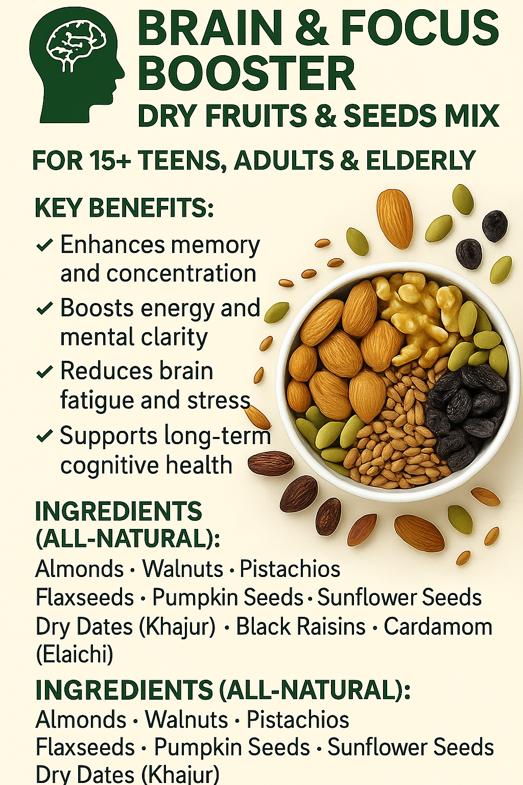 🧠 Brain & Focus Booster Dry Fruits & Seeds Mix For 15+ Teens, Adults & Elderly